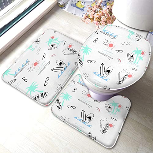 Badezimmerteppich-Set, 3-teilig, Surfbrett-Sommermuster, waschbare Badeteppiche, rutschfest, mit Rückenpolster, Konturteppich und Toilettendeckelbezug