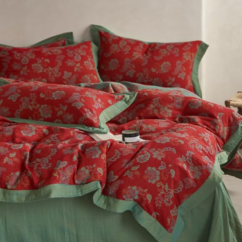 mixinni Exquisite Vintage Red Floral Duvet Cover King Size Yarn-Dyed Jacquard Textured Design Duvet Cover Set with Green Edge Design Premium Muslin Cotton-Linen Bedding Set for All Season-King Size