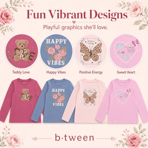Image of BTween Girls 4 Pack Long Sleeve Graphic T-Shirts Cotton Blend, Fun Vibrant Designs