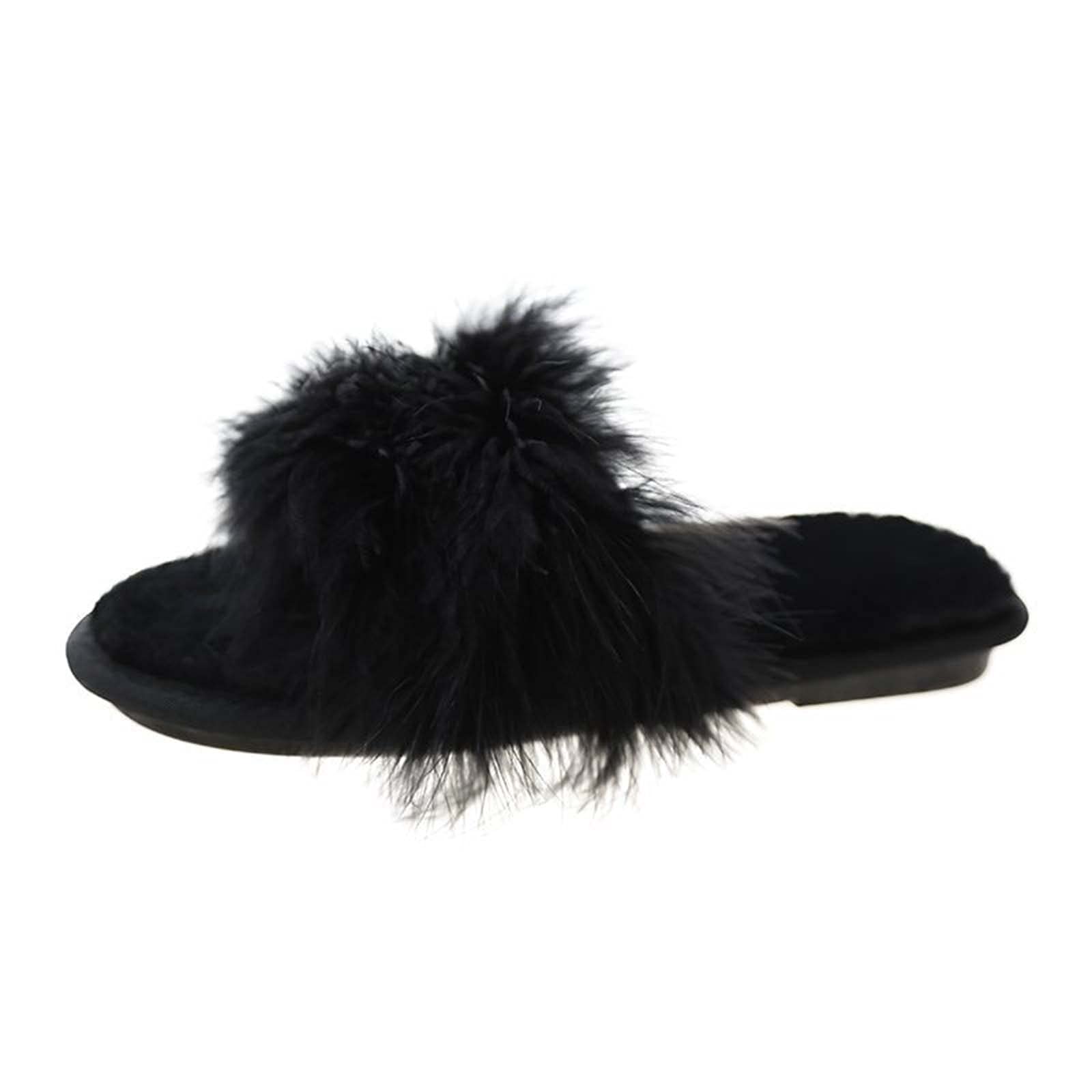 JOEupin Women's Furry Faux Fur Slippers Cozy Memory Foam House Slippers Soft Comfy Flat Slide Sandals Indoor