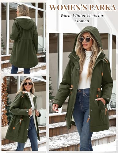 RITOSTA Winterjacke Damen Lang Parka Fleece Gefüttert Damen-Jacken Winter Wintermantel Warm Mantel Hooded Jacket Kapuzenjacke Winterparka Softshellmantel mit Kapuze Taschen(Grün,XXL)