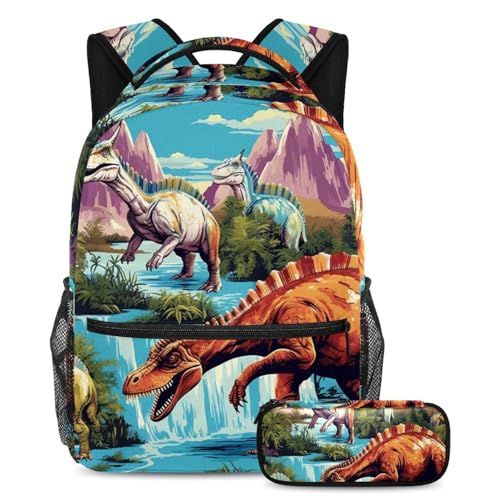 Sac d'école dinosaure grand volume avec trousse de rangement assortie