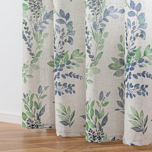 Image of MYSKY HOME Floor to Ceiling Linen Floral Curtains 95 Inch Length 2 Panels Semi Sheer Light Filtering Farmhouse Leaf Printed Window Grommet Drapes for Dining Room, 52 inch W Each Panel, Green