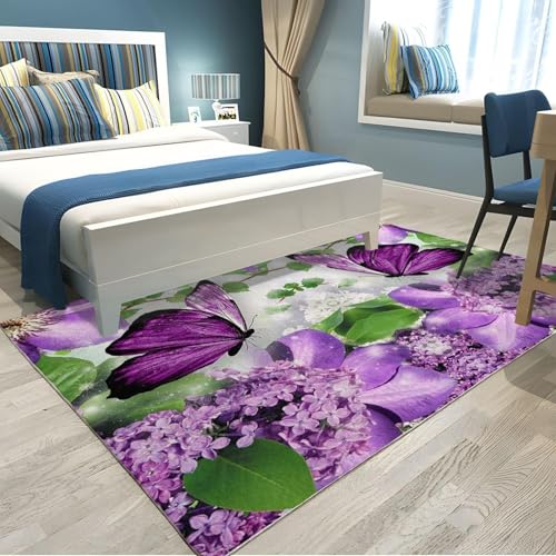 Tapis fleurs et papillon 3D lavable en machine à poils ras doux