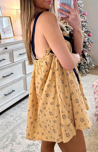 Image of Women Tie Shoulder Mini Dress Floral Ruffle Babydoll Dress Boho Square Neck Sundress Cute Summer Dresses