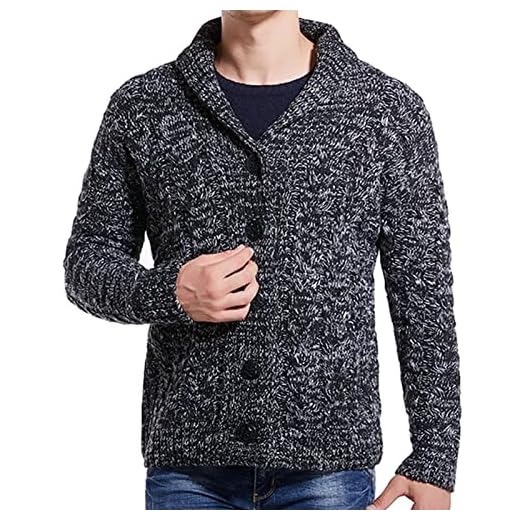 GAOHONGMEI Herr kabelstickad cardigan tröja rockar långärmad sjal krage pullover vinter varm jumper jackor stickade ytterkläder topp svart-L