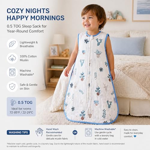 Image of Toddler Sleeping Sack Muslin Cotton 1-2T Lightweight 0.5 Tog Summer Baby Wearable Blanket Thin Infant Sleeping Bag Breathable Soft 12-24M Sleeveless Sleeper Sack