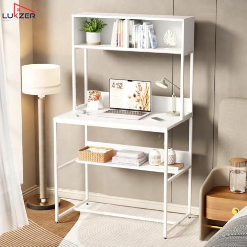 Image of Lukzer Study Table with Open Bookshelf | MST-010 /White & White | Engineered Wood with Metal Frame Desk | Modern & Space Saving Computer Workstation with Hutch for Home Office (143x83x50 cm)
