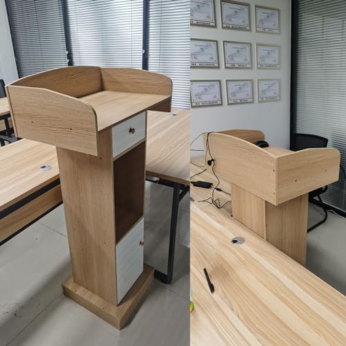Atril de roble oscuro con cajón multiusos para presentaciones y conferencias 6