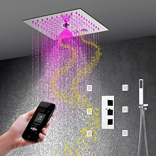 Sistema de ducha Cascada Luxury 12” Music LED con altavoces Bluetooth incorporados, 4 funciones (Lluvia, Neblina, jets corporales y ducha de mano) y control remoto con 64 luces de colores (Acero inoxidable pulido)