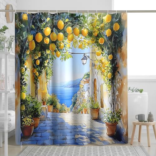 Lemon Grove Shower Curtain, Watercolor Yellow Green Citrus Design for