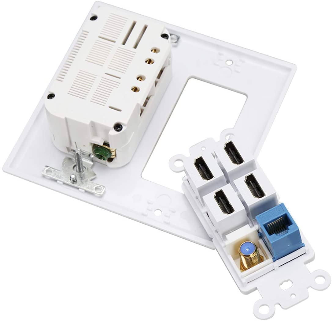 2 Power Outlet 15A with Dual 2.4A USB Charger Port Wall Plate with LED Lighting, IQIAN 4 HDMI HDTV + 1 CAT6 RJ45 Ethernet + Coaxial Cable TV F Type Keystone Face Plate White