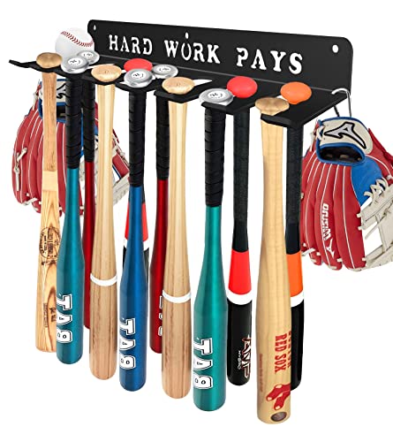 Baseball Softball Bat-Caddy Rack Hanger Organizer Equipment for Storage Hanging Bat Rack Baseball Wall Mount Fence Holds 14 Bats Metal Sports Hook Classic Carabiners Included Hard Work Pays