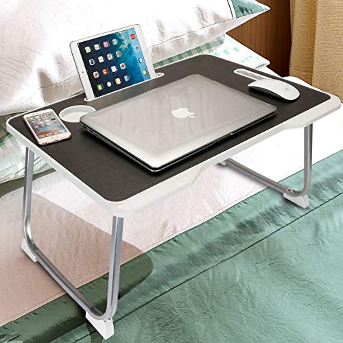Laptop Bed Table, Aitmexcn Foldable Portable Lap Standing Desk with Cup Slot & Handle, Notebook Stand Breakfast Bed Tray Book Holder for Sofa, Bed, Terrace, Balcony, Garden- Black & White