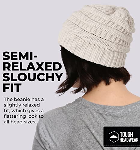 Tough Headwear Womens Beanie Winter Hat - Warm & Chunky Cable Knit Hats - Soft Stretch, Thick & Cute Knitted Stocking Caps For Cold Weather - Stylish & Trendy Snow & Ski Beanies For Ladies White #TOP4
