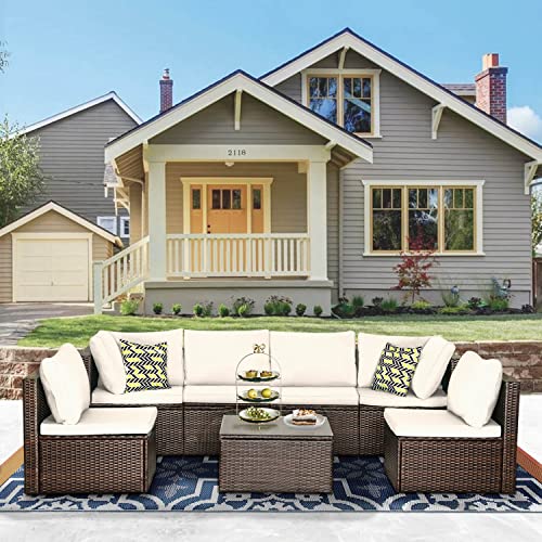 Image of PayLessHere Patio Furniture Set 7 Pieces Outdoor Furniture Wicker Conversation Set Sectional Sofa and Coffee Table Wicker Patio Conversation Sets for Backyard Porch Balcony Poolside,Khaki Cushion
