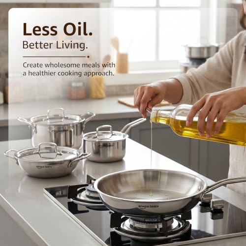 Image of Amazon Basics Triply Stainless Steel Cookware Set 7 Pcs - Deep Kadai(3.4L), Saucepan(1.7L), Casserole(1.8L), Frypan(1.2L) | With 3 Stainless Steel Lids | Dishwasher Safe | Induction and Gas Compatible