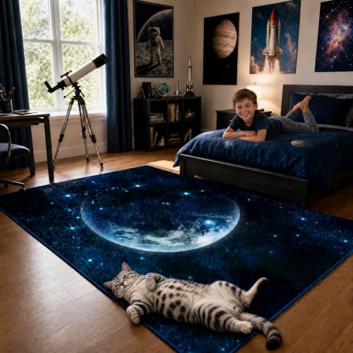 9CH Galaxy Rug for Kids Bedroom, Dark Blue Space Rug with Starry Sky Design, Soft Washable Celestial Moon Carpet for Boys Girls Playroom Living Room 5' X 7'