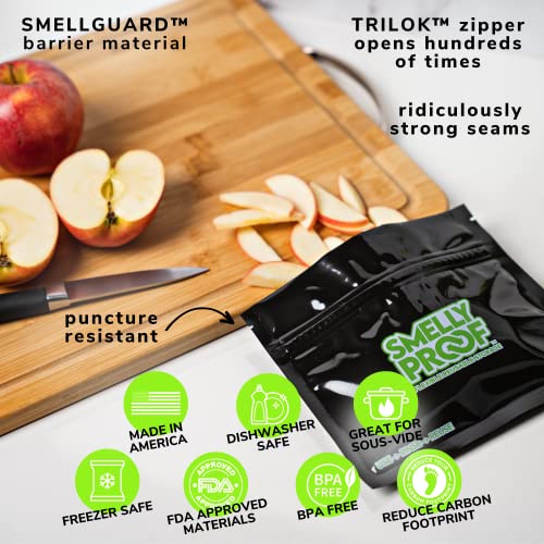 Reusable Food Storage Container Bags By Smelly Proof, Reusable Freezer Bags Us-Made Peva & Bpa Free Pocket Lunch Bag, Easy Clean Dishwasher-Safe, No Smell Dual Zip Black 4 Mils Flat 4" X 3" - 10Pk #TOP3
