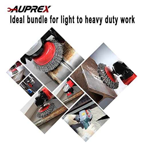 Image of AUPREX 4 Pack Wire Wheel & Cup Brush Set for 4 1 /2 Angle Grinder, 5 /8 inch-11 Threaded Arbor, Heavy Duty Carbon Steel Wire Brush for Rust Removal, Paint Stripping & Polishing, Fits Most Grinders