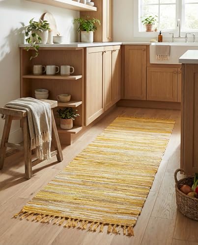 Rugs.com Chindi Cotton Collection Rug – 6 Ft Runner Yellow Flatweave Rug Perfect for Hallways, Entryways