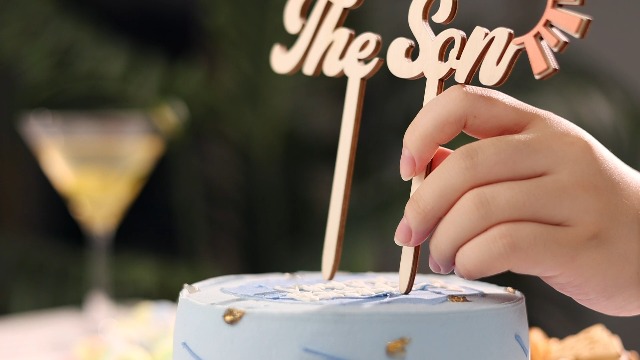 "Here Comes The Son" Boho Sun & Daisy Cake Topper Set | 42-Piece Baby Shower Decor In Orange & Blue - View #2