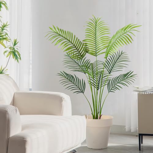 Artificial Golden Cane Palm Tree 4 Feet Faux Plant for Home Decor Indoor Outdoor Faux Areca Palm Tree in Pot for Home Office Perfect Housewarming Gift with Adjustable Trunks