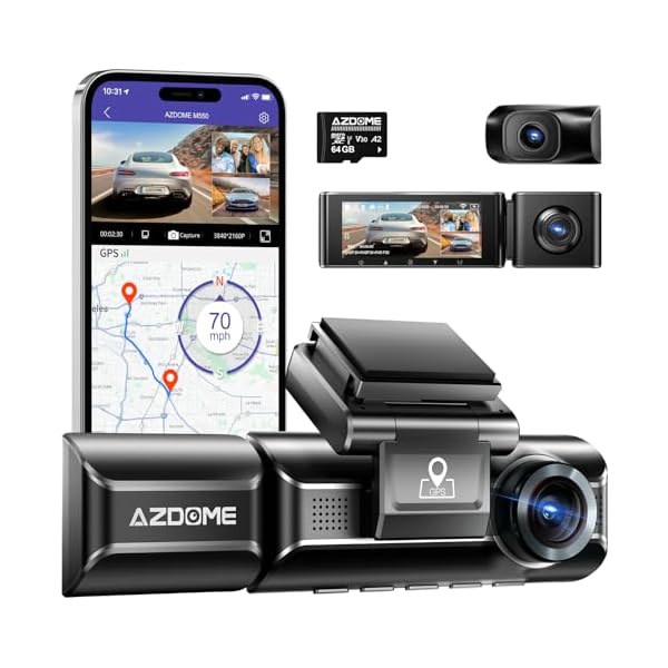 AZDOME M550 3 Channel Dash Cam, 4K+2.5K Dual Dash Camera for Cars Built-in WiFi GPS, 1440P+1080P+1440P Front and Rear Inside, 64GB Card Included, 3.19" IPS Screen, WDR, IR Night Vision, Parking Mode