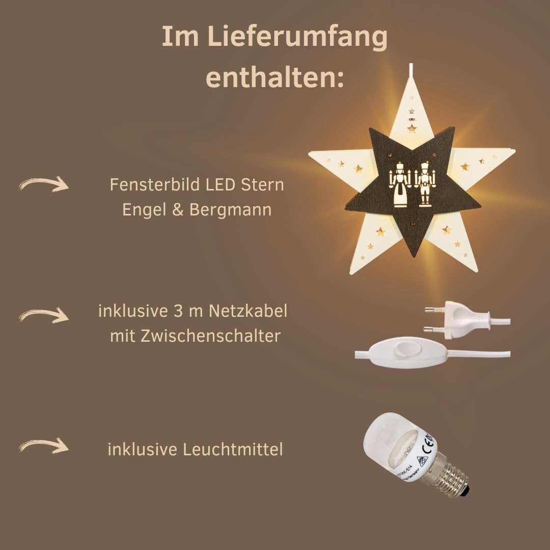 weigla - Fensterbild original Erzgebirge Stern Engel & Bergmann I Weihnachtsdeko Fenster I 1 LED Lampe I 0,8 W, E14 I Fensterbild Weihnachten I Weihnachtsbeleuchtung Holz I Fensterdeko hängend