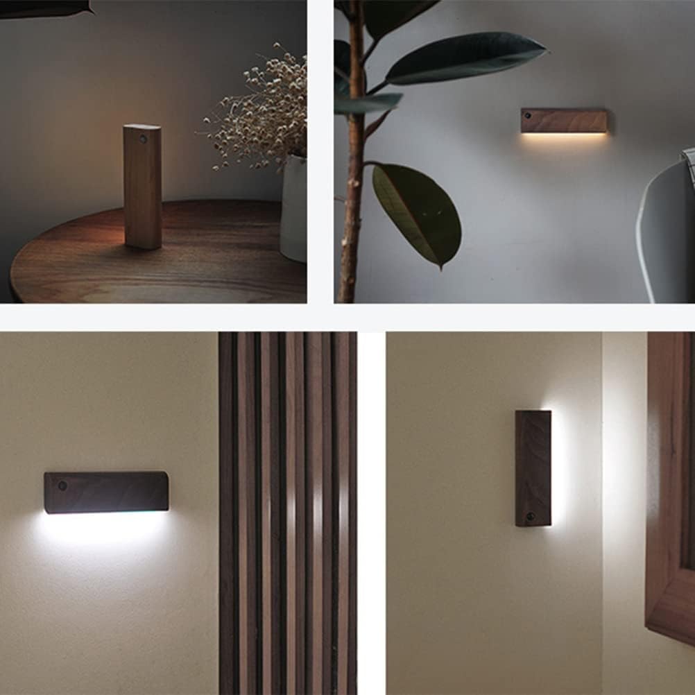Lámpara de pared LED de madera interior con interruptor y detector de movimiento, luz blanca cálida de 3000 K, batería moderna, recargable por USB, lámpara de pared con imán de iluminación interior