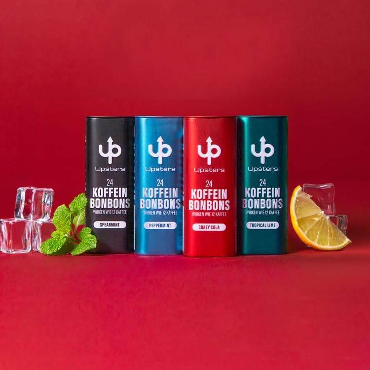 Upsters Energy Koffein Bonbons - Fabulous Four - 96 Bonbons - Energie von 50 Kaffees und Energydrinks - Ohne Zucker - Vegan - Made in Germany