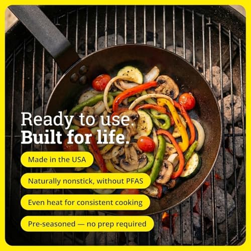 Image of Lodge Seasoned Carbon Steel Skillet - Lightweight High Heat Frying Pan with Long Handle - Quick Temperature Response - Ideal for Searing & Sauteing - 8 Inches