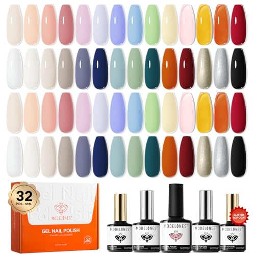 Image of Modelones 32 PCS Gel Nail Polish Set, 28 Colors Summer Gel Polish with No Wipe Base Coat, Glitter & Glossy & Matte Top Coat Nude Pink Blue Purple Green Black Brown Gray LED Nail Art kit Salon DIY Gift