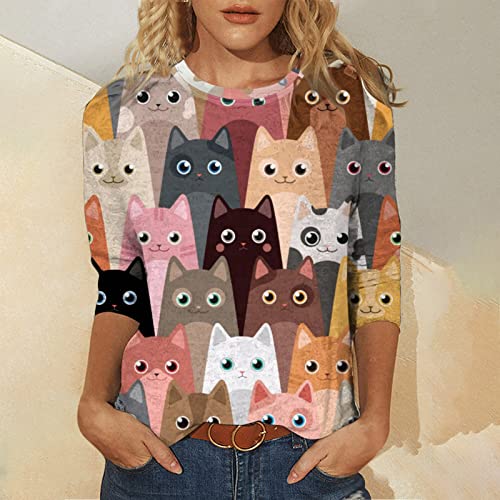 Camiseta feminina de gola redonda juvenil manga 3/4, caimento solto, kawaii, engraçada, outono, verã