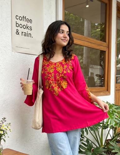 Image of Youthnic Women's Light Green Rayon Yoke Embroidery Straight Short Kurti | Office Wear Kurti | College Wear Kurti | Tunic Top