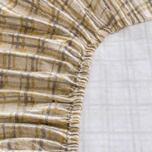 Image of LANE LINEN Symphony | 100% Cotton Sheet Set | Soft & Breathable Fabric | 3 Piece (1 Bedsheet + 2 Pillow Covers) | King Bed Sheet Set - Yellow & Grey Linear Grid