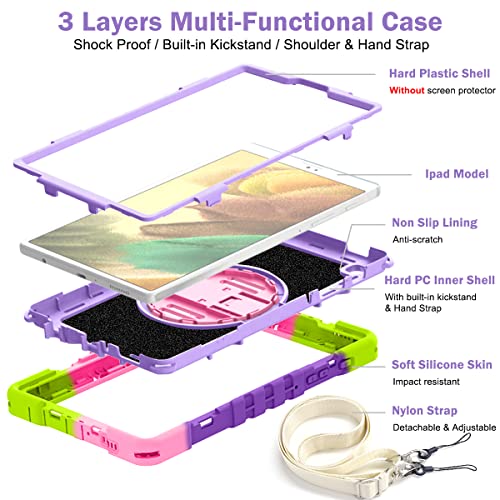 Hocase For Galaxy Tab A7 Lite 8.7 Case, With 360 Rotation Stand/Hand & Shoulder Strap, Heavy Duty Shockproof Rugged Rubber Hard Protective Case For Samsung Galaxy A7 Lite (8.7") 2021 - Rainbow #TOP6