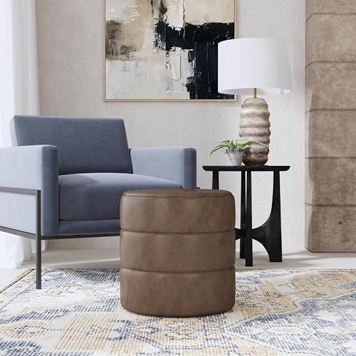 Image of HomePop 18 inch Round Ottoman - Brown Faux Leather