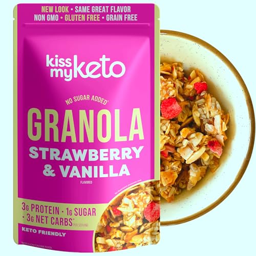 Kiss My Keto Sugar Free Granola, Strawberry Vanilla 1-Pack â€“ Curb Cravings with Few Net Carbs â€“ Allulose Sweetened, Resealable & Gluten-Free Crunchy Clusters â€“ Grain Free Granola Great With Yogurt or Milk