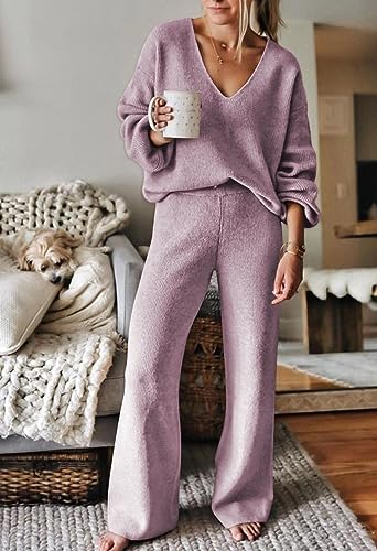 Image of Viottiset Women's 2 Piece Outfits Casual V Neck Knit Wide Leg Sweater Lounge Set Sweatsuit