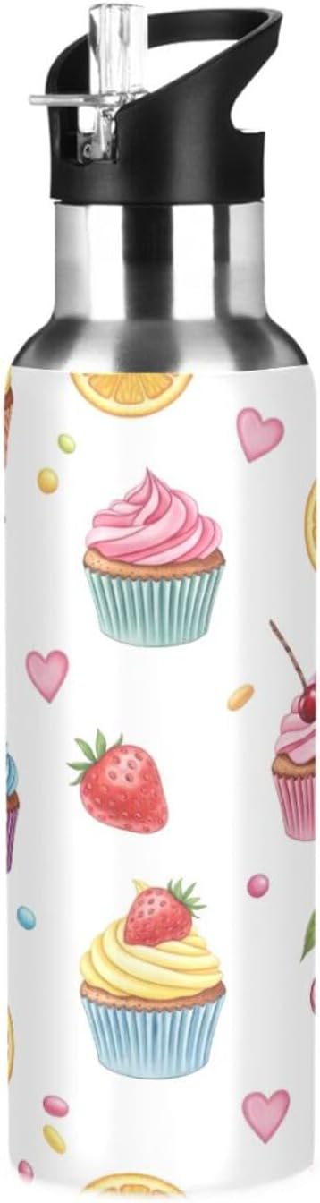 Insulated Water Bottle 32 Oz, BPA-Free Sport Water Bottle Insulated for Gym Outdoor Travel School, Colorful Cupcakes
