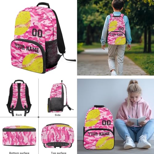 Personalized Softball Print Backpack for Girls Pink Camouflage School Bag Kids Backpack Set Daypack with Lunch Bag, Pencil Case and Book Cover4