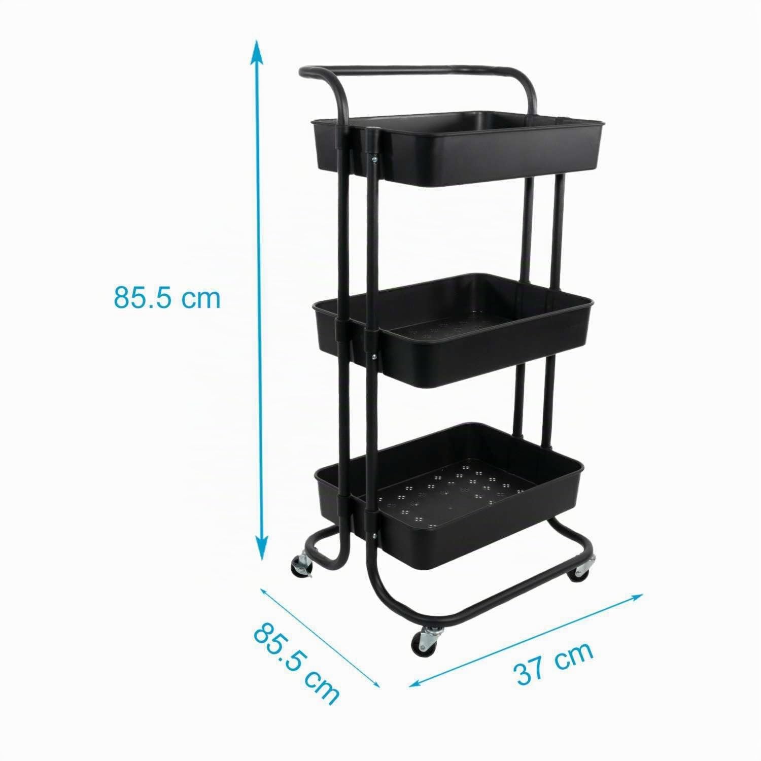 INTIRILIFE Carrello a 3 piani in Nero - 85 x 34 x 42 cm - Carrello da servizio con manico, carrello portaoggetti, per cucina, bagno, ufficio, ecc.