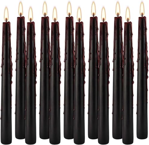 12PCS 10-Inch Black Bleeding Taper Candles Vampire Tears Taper Candles- Unscented Candle Pack Ideal for Halloween Christmas Rituals and Themed Party Decor.