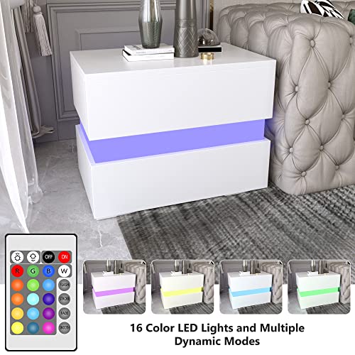 Led Nightstand With 2 Storage Drawers, Modern High Gloss Bedside Table With Led Lights, End Table For Bedroom Furniture(White,1 #TOP2
