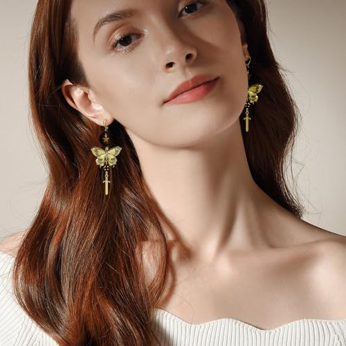 Gothic Moon & Star Butterfly Drop Earrings – Exaggerated Long Pendant Stud Earrings for Women, Vintage Brass Jewelry, Boho Punk Style Statement Piece2