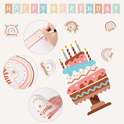 XIHIRCD 60 Stück Klassenzimmer-Geburtstagstafeln im Boho-Stil, Klassenzimmer Dekoration Geburtstags-Pinnwand-Ornamente-Set, Regenbogen-Stil, Verzierung Klassenzimmertafeln Wanddekoration