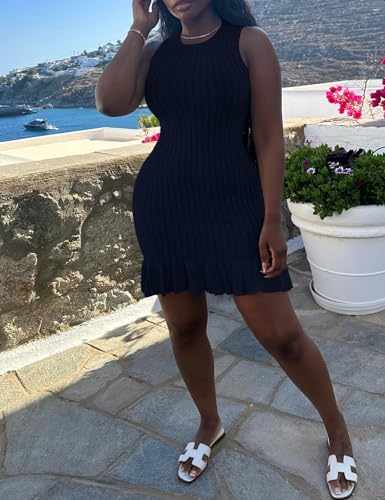 Image of Nimsruc Women Summer Tank Dresses Sleeveless Crew Neck Casual Bodycon Mini Dress with Ruffle Hem