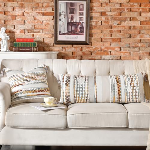 AmHoo Chenille Striped Textured Boho Throw Pillow Covers Aesthetic with Tassels Woven Decorative Pillow Case for Couch Bed Sofa Bedroom Modern Funky 18 x 18-Inch Brown - Image 3