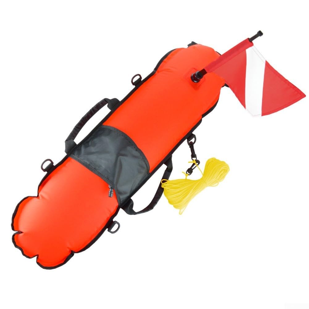Arancio Diving Tubo Galleggiante Con Bandiera Di Sicurezza E 5 D Anelli Per Attrezzatura Da Pesca Subacquea Deposito Ad Alta Visibilità Boa Gonfiabile Con 20m Corda E Supporti Fucile Per Sport